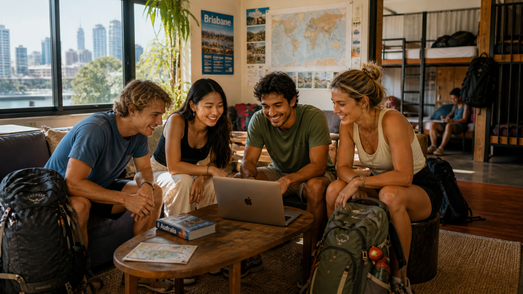 Backpackers comparing Brisbane hostel options