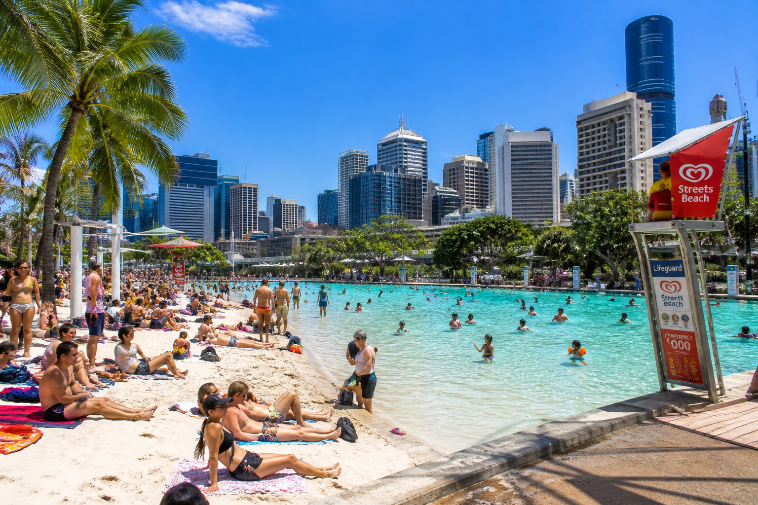 South Bank Parklands Brisbane lagoon and city skyline