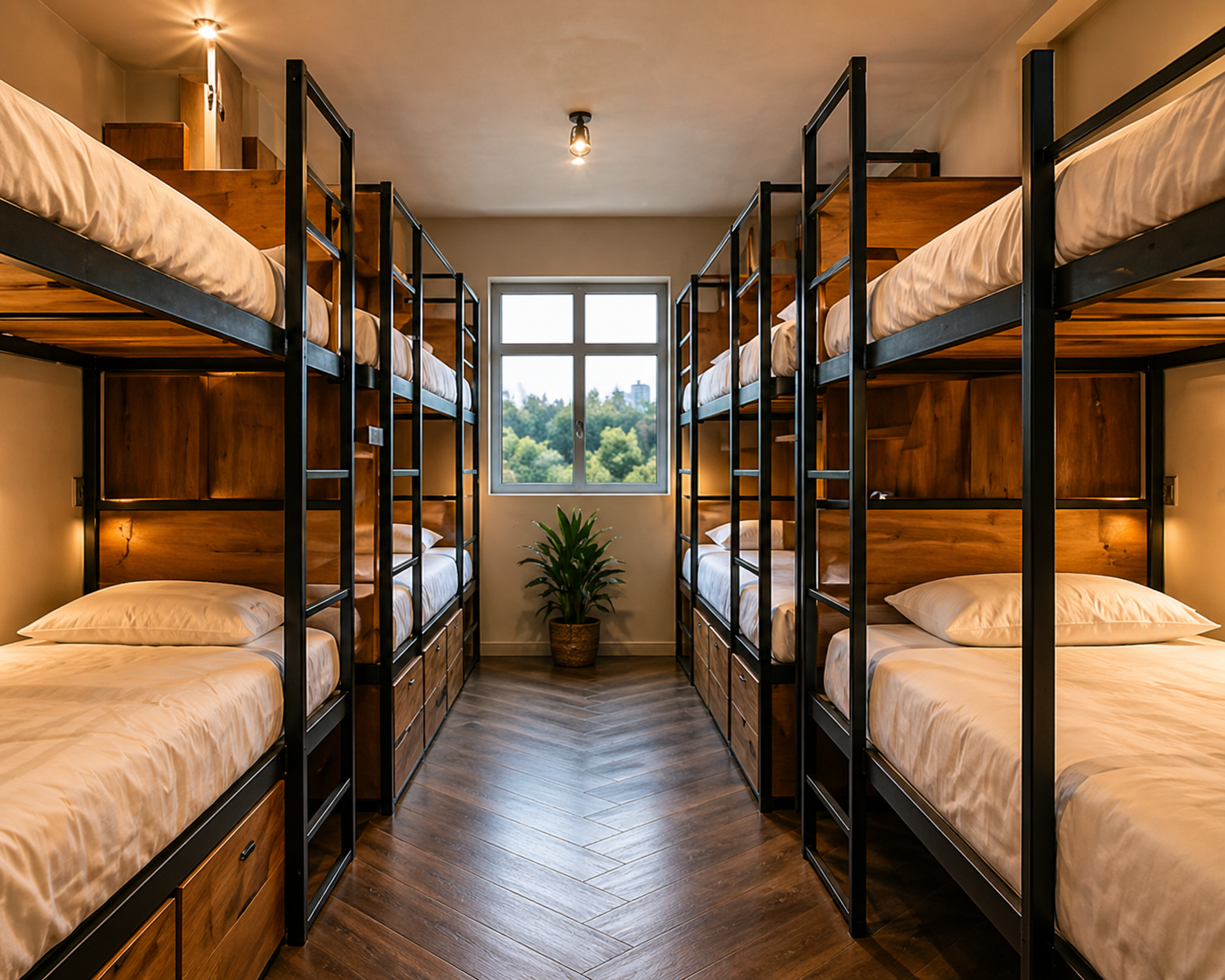 Clean backpacker dorm room with bunk beds