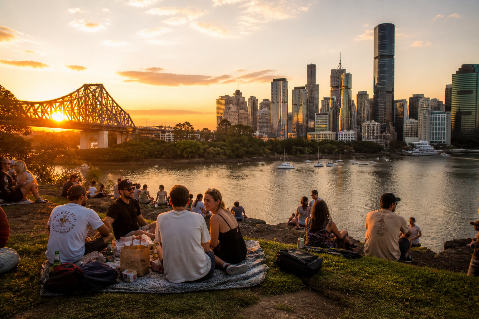 Kangaroo Point cliffs Brisbane sunset picnic