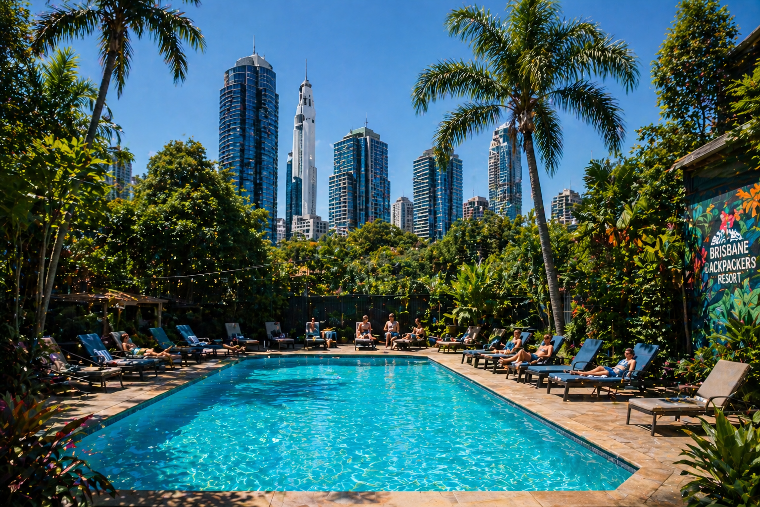 Outdoor pool area at Brisbane backpackers accommodation