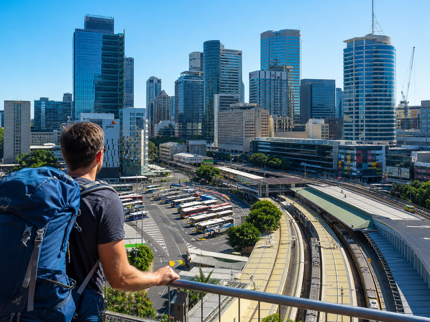 Backpacker arriving at Roma Street Brisbane CBD